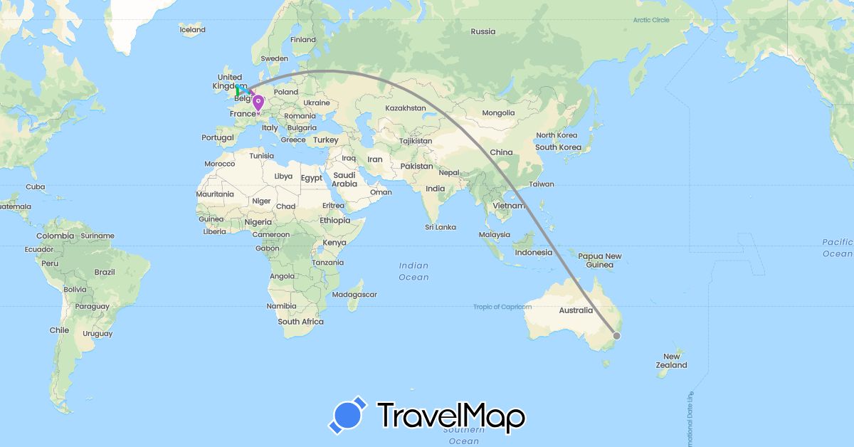 TravelMap itinerary: driving, bus, plane, train, boat in Australia, Switzerland, Germany, United Kingdom, Netherlands (Europe, Oceania)
